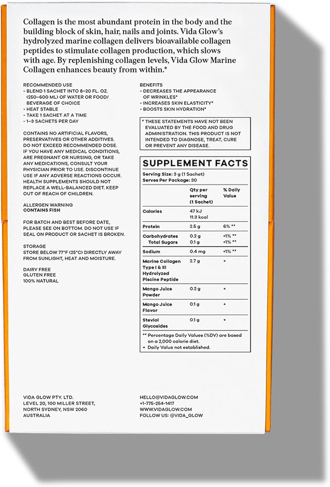 Vida Glow Marine Collagen Powder - Anti Aging Supplement with Collagen Peptides, Promotes Glowing Skin, Strong Nails, Healthy Hair | 30 Servings, Mango Flavor