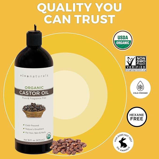Viva Naturals Organic Castor Oil, Cold-Pressed, 16 fl oz – For Face, Hair, Eyelashes, USDA Organic, Non-GMO - With Beauty Kit