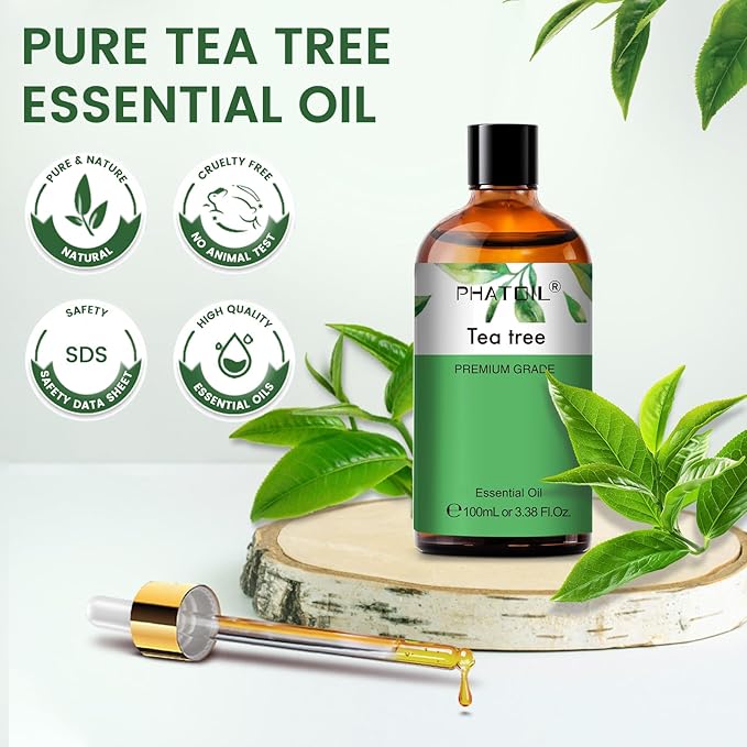 PHATOIL Pure Tea Tree Essential Oil, 100% Pure Therapeutic Grade Premium Oil for Hair Care, Nail Care, Skin Care, Aromatherapy 3.38Fl Oz