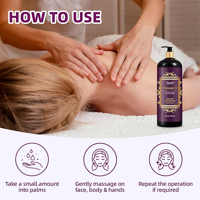 Pjordo Aromatherapy Lavender Massage Oil, 10 fl oz Relaxing Massage Oil for Massage Therapy with Grape Seed, Sweet Almond & Jojoba, Spa Quality Oils for Soothing, Calming