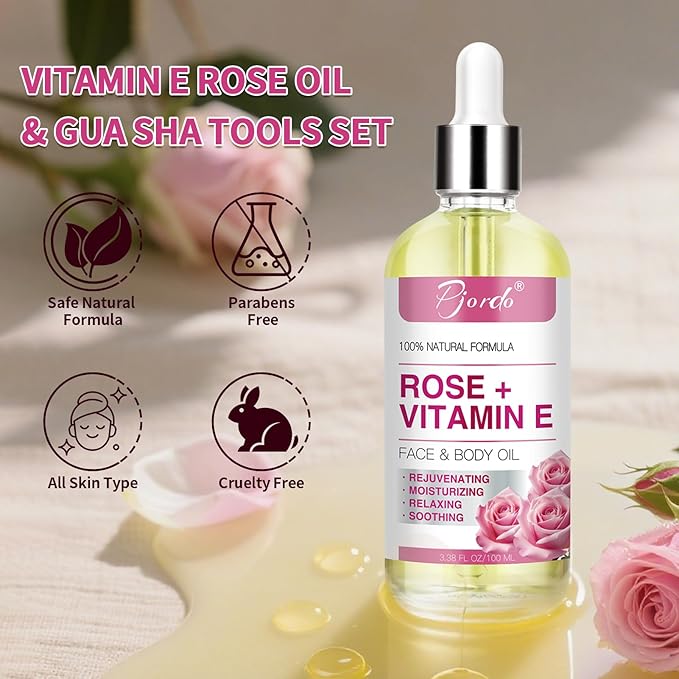 Vitamin E Rose Oil & Stainless Steel Gua Sha Facial Tools Set, Gua Sha & Vitamin E Oil for Face & Body, Moisturizing Skin, Relieving Muscle Fatigue & Improving Skin Elasticity