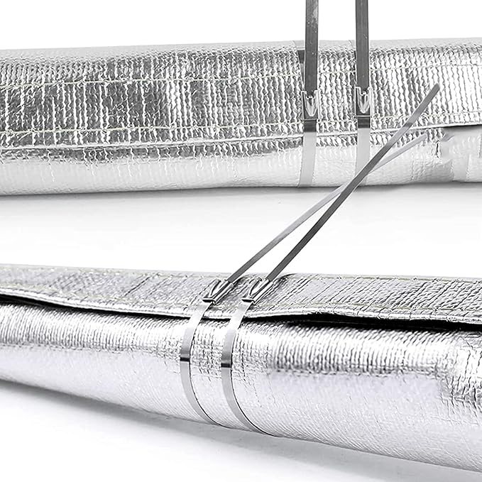 Heat Shroud Aluminized Sleeving Heat Shield Fuel line Wire Heat Sleeve 1-1/4''I.D. x 10FT with 10 Pcs 11.8 Inch Stainless Steel(304) Cable Metal Zip Ties-Silver