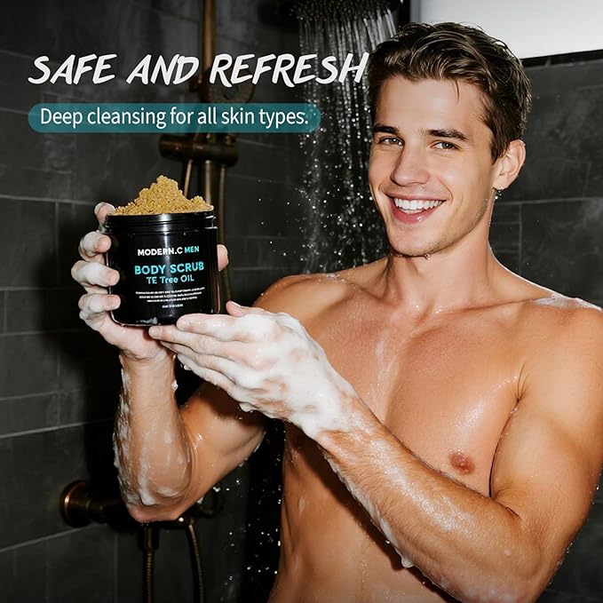 Men Body Scrub with Tea Tree Oil Exfoliating Body Scrub for Men Improve Odor Smooth Rough Skin Body Exfoliator Scrub for Back Chest Shoulders Butt Legs Mens Exfoliating Body Wash with 2% BHA 10% AHA