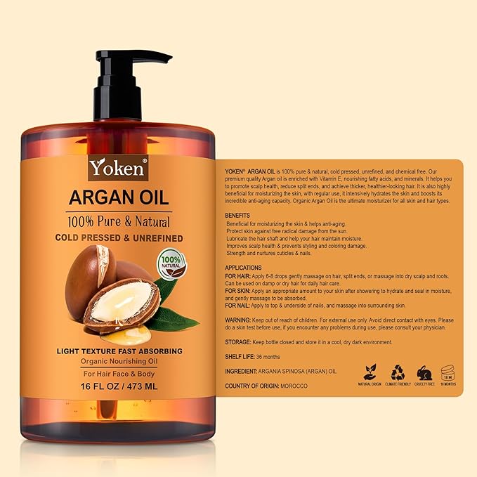 Yoken Pure Argan Oil 16 fl oz 100% Natural Cold Pressed Argan Oil for Hair Face Skin Scalp Body Care, Origin from Morocco, Unrefined Fast Nourishing Hair Oil Skin Moisturizer Carrier Oil