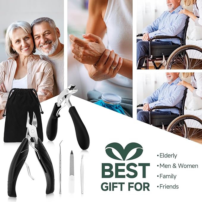 SmilVie Toe Nail Clippers for Seniors, Dual- Angled Head & Long Handle, Heavy Duty Ingrown Toenail Clipper Set for Men (Black 5-in-1 Set)