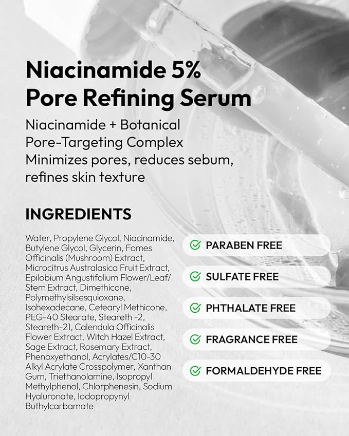 Niacinamide 5% Pore Refining Serum - Minimizes Pores & Controls Oil for Oily & Sensitive Skin - Gentle, Non-Sticky Facial Skincare - 1 Fl Oz / 30ml