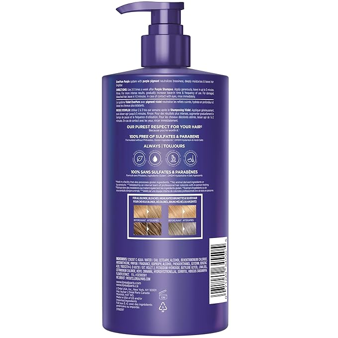 L’Oreal Paris Sulfate Free Brass Toning Purple Conditioner for Blonde, Bleached, Silver, or Brown Highlighted Hair, EverPure, 23 Fl Oz (Packaging May Vary)