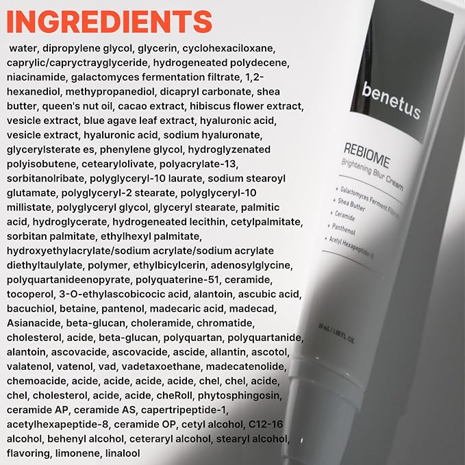 Rebiome Brightening Blur Cream, Hydrating Firming Moisturizer for Fine Lines and Dull Skin, Peptide Ceramide Hyaluronic Acid Anti-Aging Cream for Sensitive Skin, 1.69oz