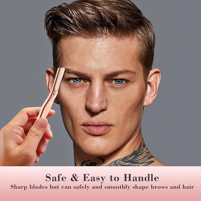 EROWZOLA Eyebrow Razor for Women and Men, Face Razors for Women, Dermaplane Razor with Protective Silicone Cover, Reusable Metal Handle with 6 Refill Blades, Skin Care Tool - Rose Gold