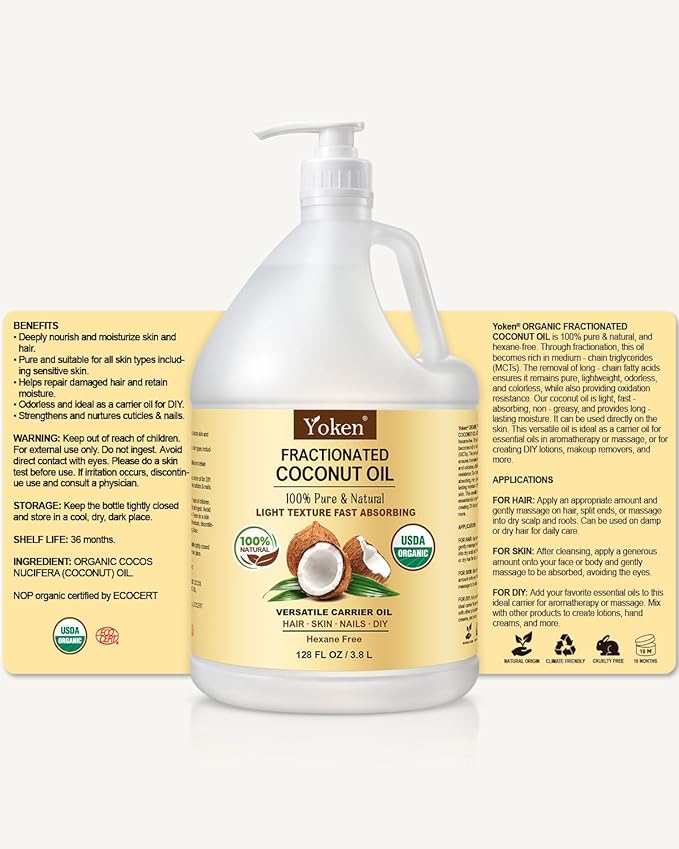 Yoken USDA Organic Fractionated Coconut Oil, 1 Gallon (128 Fl Oz), Liquid Coconut Oil for Massage & Bulk Use, Professional Body & Carrier Oil, Unscented, Hexane Free