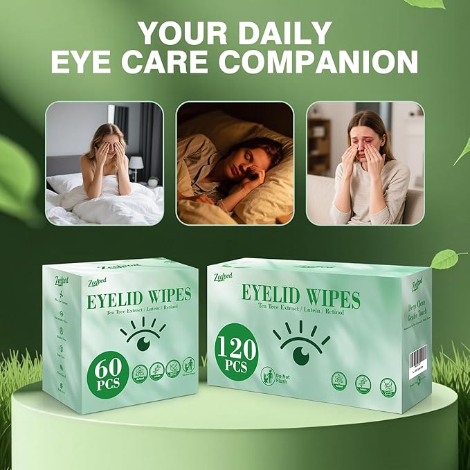 60PCS Tea Tree Oil Eyelid Wipes – Individually Wrapped Eye Lid Cleaning Wipes,Soothing For Sensitive Eyes, Stay Hydrated Lid Wipe