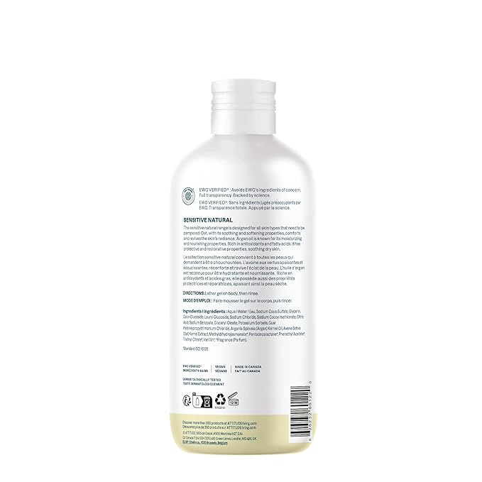 ATTITUDE Body Wash for Sensitive Skin, EWG Verified Shower Gel, Soothing Oat, Dermatologically Tested, Plant and Mineral-Based, Vegan Personal Care, Vanilla Cream Scent, 16 Fl Oz