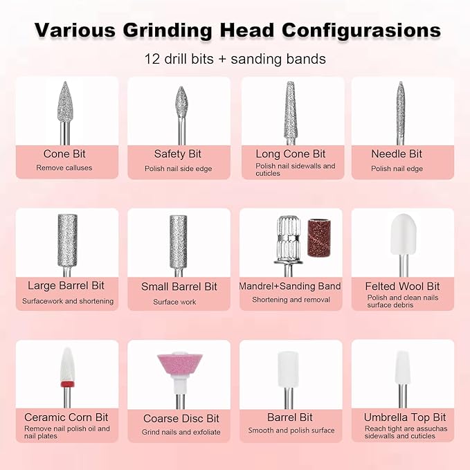 Electric Nail Drill with Brushless Motor, 40000RPM Professional Cordless Nail File for Acrylic & Gel Removal - Rechargeable Manicure & Pedicure Kit with 12 Bits for Home and Salon Use (Pink)
