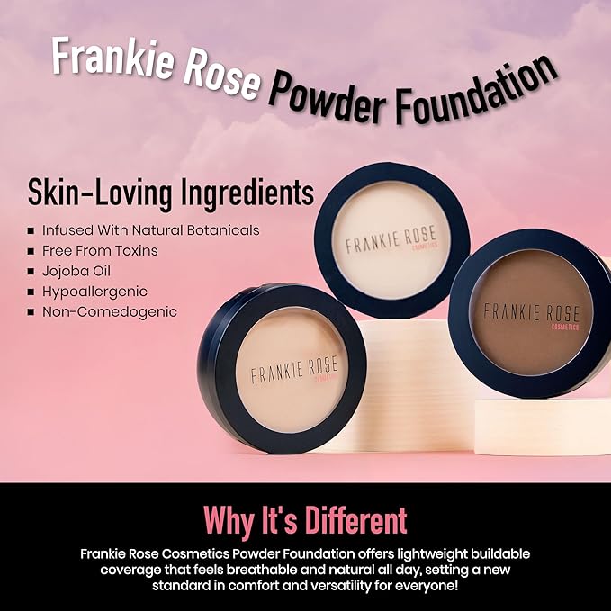 Frankie Rose Cosmetics Powder Foundation – Full Coverage Face Powder For Pores & Imperfections, Evens Out Skin Tone & Shine-Control | 58 Grams (Spice)