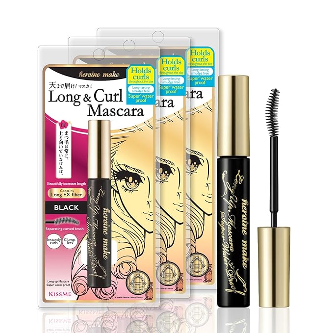 HEROINE MAKE by KISSME Smudge Proof Mascara Black, Volume and Length by Defining Fiber for Long and Curl Eye Makeup for Women, Tubing Mascara Made in Japan, Black, 3 EA