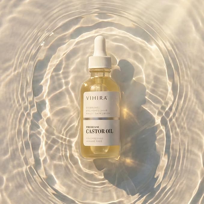 Vihira Organic Golden Castor Oil (2 Fl Oz | Premium Grade), True Cold Pressed, 100% Pure, Extra Virgin, Hexane Free, for Hair, Eyelash, Eyebrow, Cuticles, Nails, Skin, Belly Button & More.