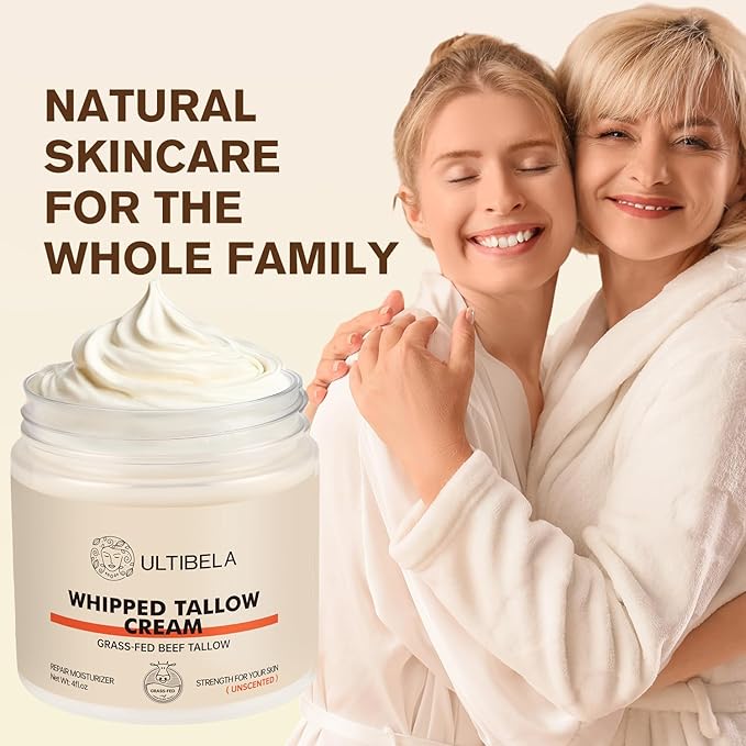 Beef Tallow for Skin, 100% Grass-Fed Whipped Tallow and Honey Balm for Body & Face Natural Body Cream for Dry & Sensitive Skin Care 4OZ (Unscented)
