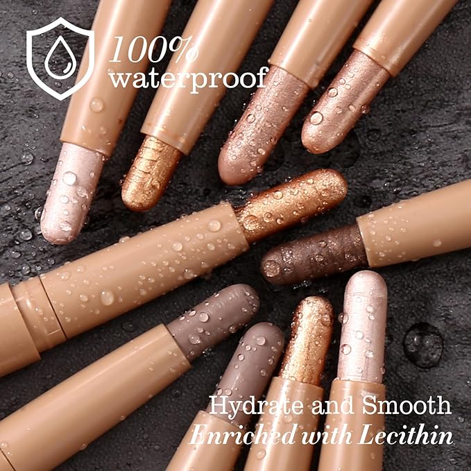 Neutral and Brown Metallic Eyeshadow Stick Pencil Crayon,Champagne Shimmer Cream Eye Brightener Stick Highlighter Makeup,Pro Waterproof & Long Lasting (008 Light Brown Matte)