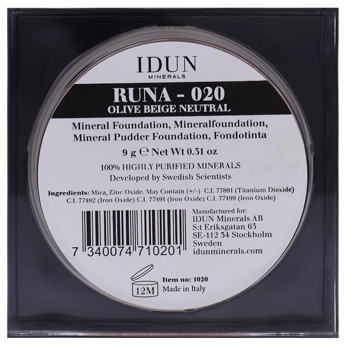 IDUN Minerals Mineral Powder Foundation - Longwear, Lightweight, Smooth Powder Formula - Blurring, Skin-Perfecting Finish - Vegan and Cruelty Free Formula - 020 Runa - 0.25 oz