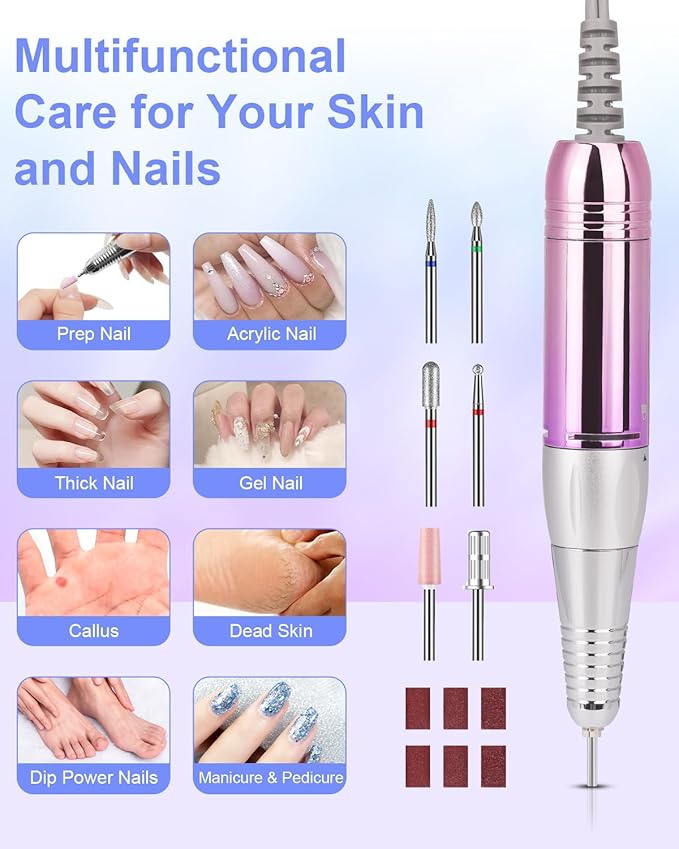 Electric Nail Drill Professional: Rechargeable Nail File with Bits for Acrylic Gel Nails, Professional Nail Drill Manicure Pedicure Polishing Shape Tools for Home Salon (Purple)