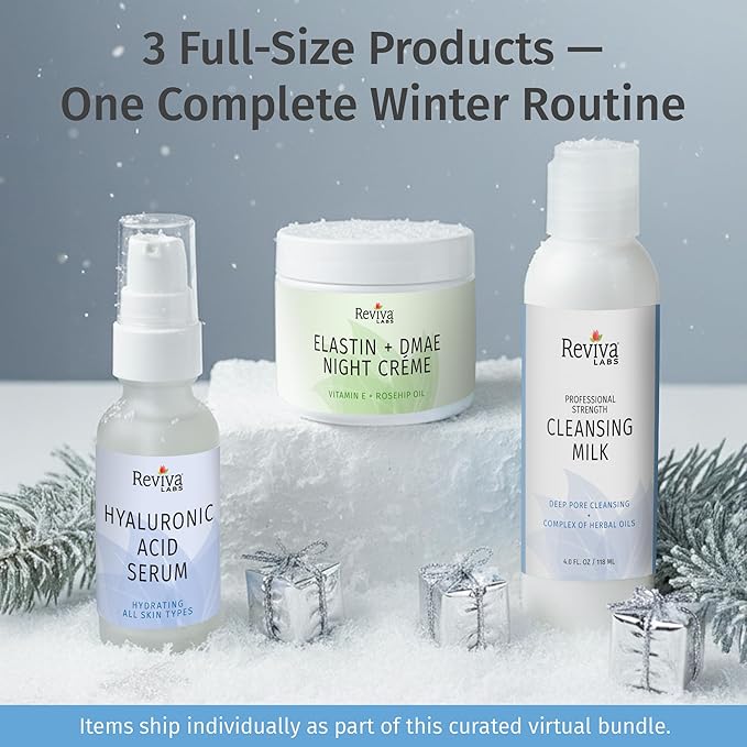 Reviva Labs Winter Renewal Skincare Gift Set – 3-Pc Face Care Kit with Cleansing Milk, Hyaluronic Acid Serum, and Elastin + DMAE Night Creme – Cleansing, Moisturizing & Firming Skincare Set for Women