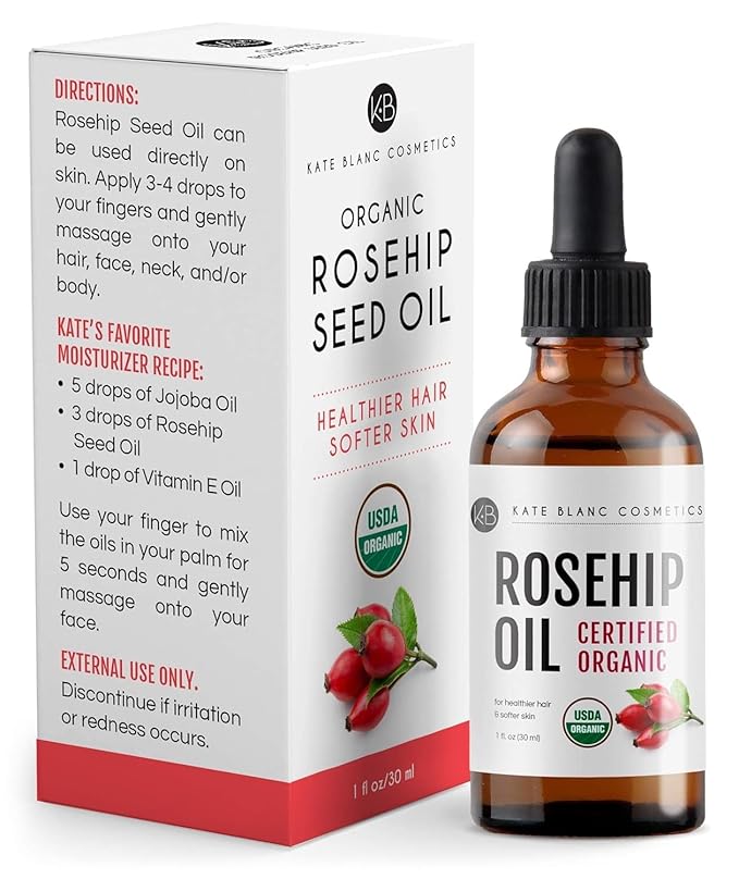 Kate Blanc Cosmetics Rosehip Oil for Face & Softer Glowing Skin (1oz, Organic, 100% Pure, Cold Pressed) Rosehip Seed Face Oil for Facial & Gua Sha Massage