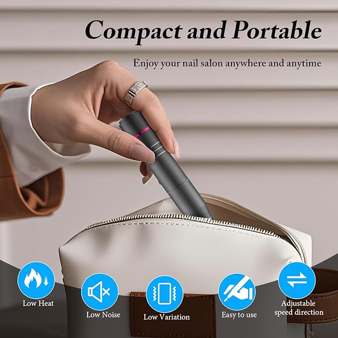 QPVZX Electric Nail Drill, Ultra Quiet Low Vibration Electric Nail File, Portable Electric Nail File for Crystal Gel Nails, Manicure Pedicure Tools Polishing Set for Home and Salon Use (Grey)