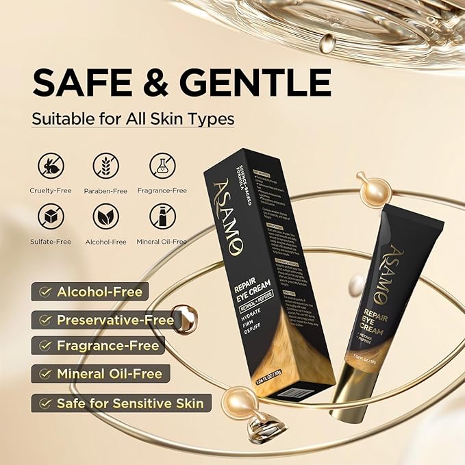 ASAMO Retinol Eye Cream – Retinol and Peptides for Fine Lines, Puffiness, and Under-Eye Shadows, Anti Aging, Eye Care Daily Wrinkle Cream,1.06 fl.oz