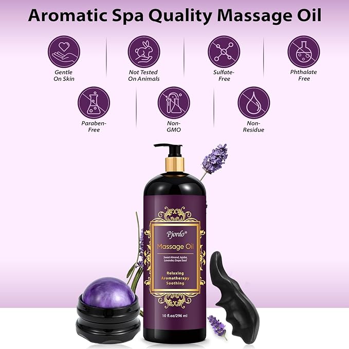 Pjordo Aromatherapy Lavender Massage Oil, Massage Oil for Massage Therapy, Calming, Soothing, Relaxing, Spa Gifts for Him Her, 10 Fl Oz, Valentines Day Gifts for Women Men
