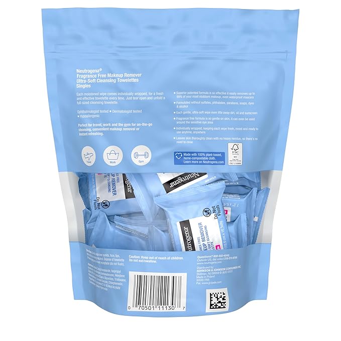 Neutrogena Fragrance-Free Makeup Remover Wipes Singles, Individually Wrapped Face Towelettes, Gently Remove Dirt, Oil, Waterproof Mascara & Makeup, Alcohol-Free Daily Face Wipes for Travel, 20 ct