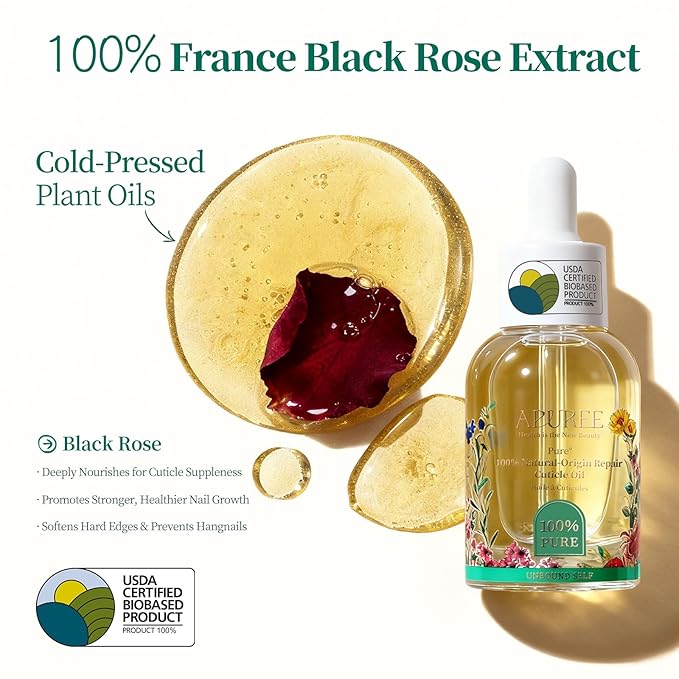 Apuree 1oz Bio-Based Cuticle Oil: 100% Pure| Deep Moisture for Damaged Cuticles| Black Rose Extract| USDA Verified & Cold Pressed Oil Hexane Free| Daily Nail Care| All Skin Types| Vegan