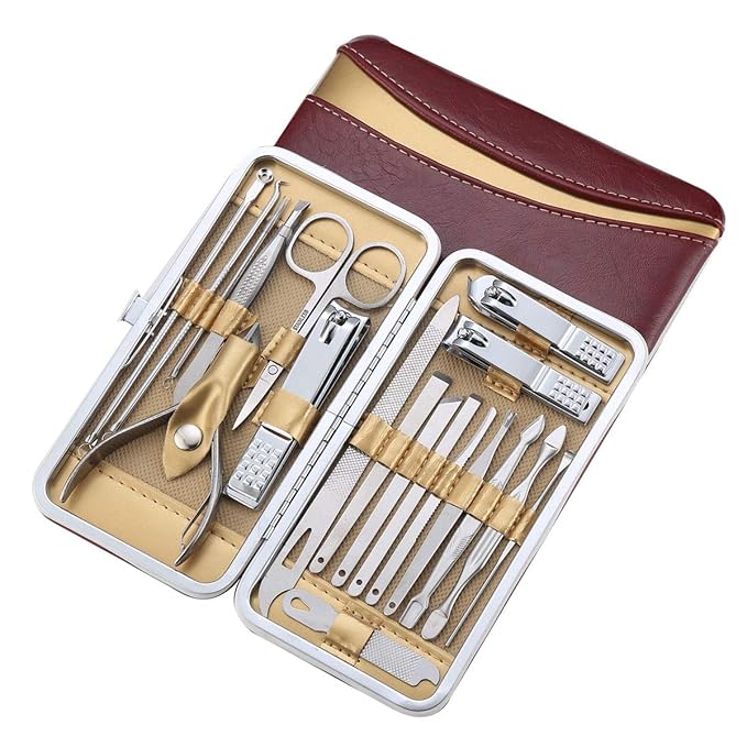 Manicure Set Pedicure Kit Professional 19 Pcs Nail Clipper for Men & Women Stainless Steel Sharp Cutter Grooming Nose Hair Scissors…Black Fingernails & Toenails with Portable Case (Wine red_19 pieces)