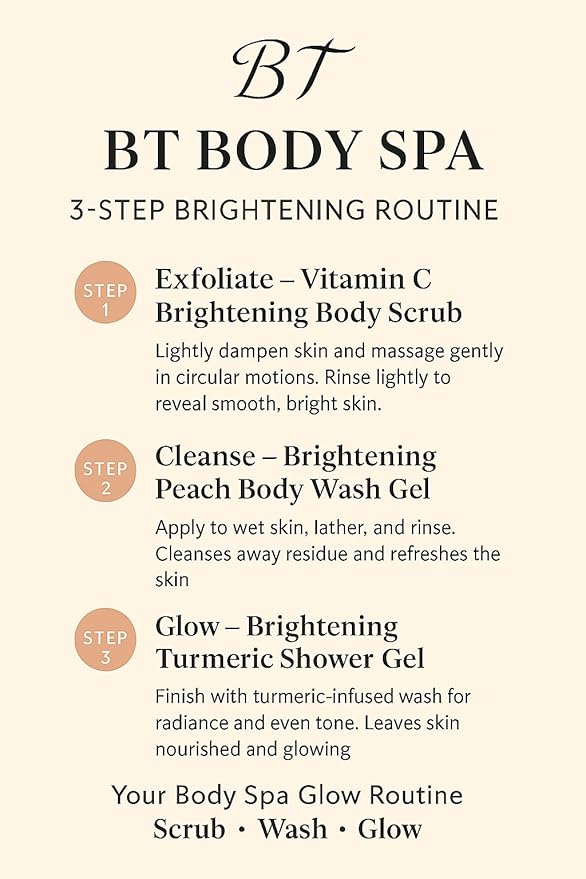 BT Body Spa Exfoliating Body Care Set – Vitamin C Body Scrub, Peach Gel Body Wash & Turmeric Body Wash for Smooth, Glowing Skin.