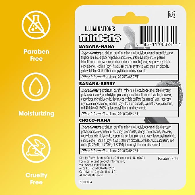 ChapStick Bulk Lip Balm Sets, Minions, 12 Banana Variety 3-Packs (36 Sticks Total), Party Favors for Kids, Stocking Stuffers, 0.15 Oz Ea