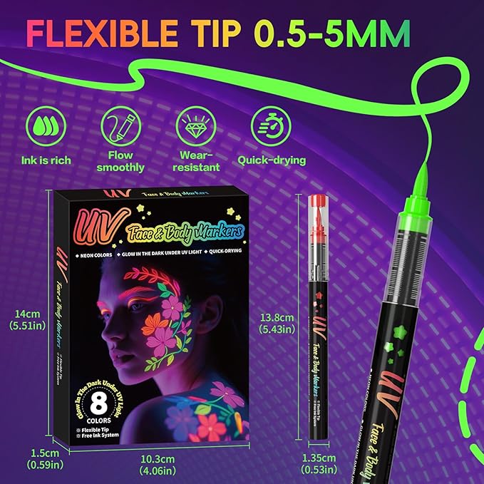 Glow in the Dark Body Paint,Halloween Makeup Kit,Neon Face Painting Markers Pen for Skin Glow Under Black Light, Washable UV Temporary Tattoo Pens for Glow Party Supplies (16 color)