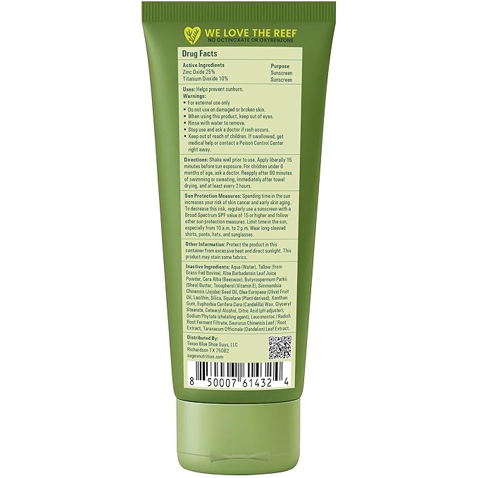 100% Mineral Sunscreen SPF 50 with Non-Nano Zinc Oxide — Reef Safe UVA/UVB Broad Spectrum Sunblock, Water Resistant 80 Min, Moisturizing Tallow Lotion for Face & Body, 3.4 fl oz