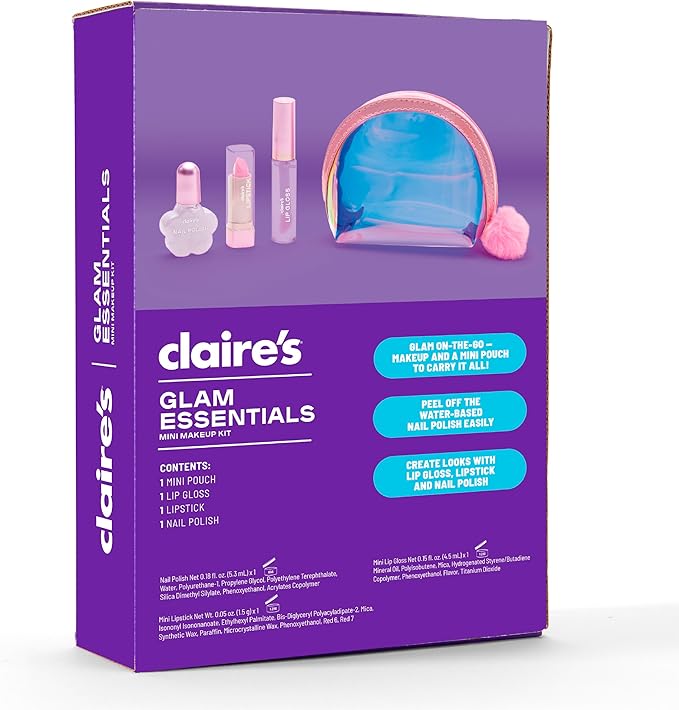 Claire's Glam Essentials Kids Makeup Kit, 4-Piece Real Cosmetic Set with Mini Pouch, Lip Gloss, Lipstick & Nail Polish, Pretend Play Make Up for Kids Ages 6+, Girl Toys & Beauty Activity Gift