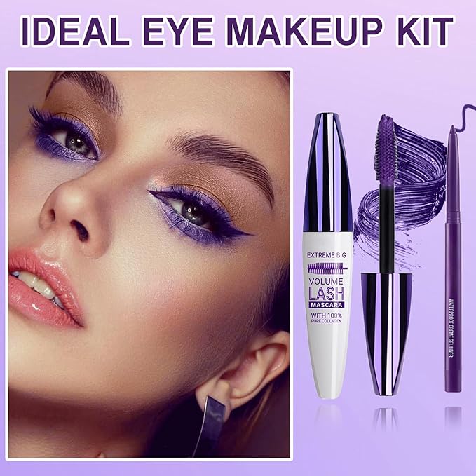 Purple Mascara and Eyeliner Set, 5D Colored Volume and Length Waterproof, Purple Mascara for Eyelashes, Natural Lengthening Curling, Suitable for All Skin Types