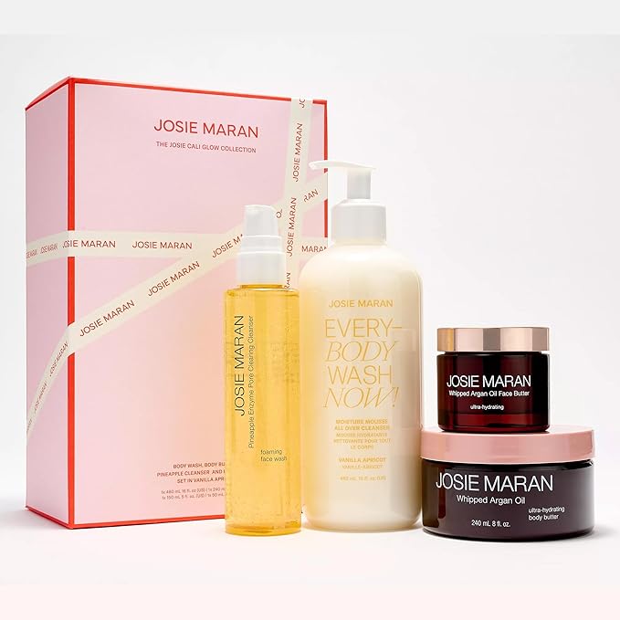 Josie Maran Face & Body Care Trio Gift Set - 4 Piece Kit Includes EveryBODY Wash, Whipped Argan Body Butter & Pineapple Cleanser - Exfoliates, Cleanses & Nourishes Skin - Vanilla Apricot (4 Count)