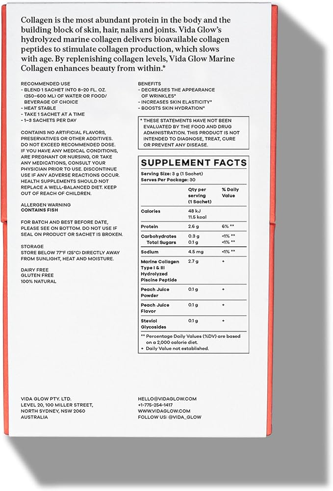 Vida Glow Marine Collagen Powder - Anti Aging Supplement with Collagen Peptides, Promotes Glowing Skin, Strong Nails, Healthy Hair | 30 Servings, Peach Flavor