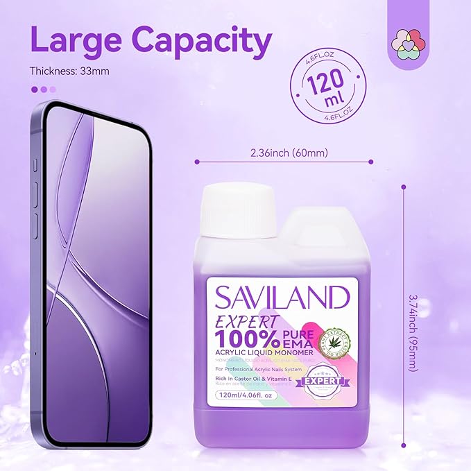 SAVILAND EMA Monomer Acrylic Nail Liquid: 4 fl. oz/120 ml Low Odor Castor Oil Vitamin E Acrylic Liquid Professional Pure EMA Nail Monomer Liquid Nail Tech Salon For DIY Home & Nail Salon Use
