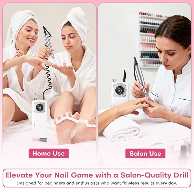 Electric Nail Drill Professional: Rechargeable Nail File with Bits for Acrylic Gel Nails, Professional Nail Drill Manicure Pedicure Polishing Shape Tools for Home Salon (White)