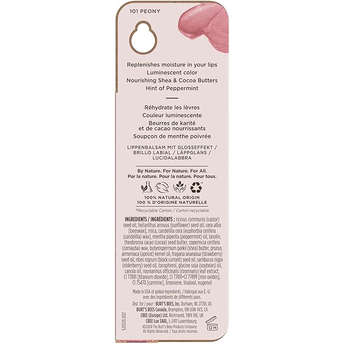 Burt's Bees Shimmer Lip Tint, Tinted Lip Balm Stick, Moisturizing for All Day Hydration with Natural Glowy Pigmented Finish & Buildable Color, Peony, 1 Tube, 0.09 oz. (Pack of 2)