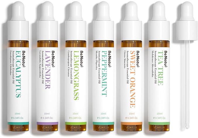 Essential Oils Set (Eucalyptus, Lavender, Lemongrass, Peppermint, Tea Tree, Orange) for Diffuser, Topical Skin, Body, Natural Home Fragrance Gift for Women & Men