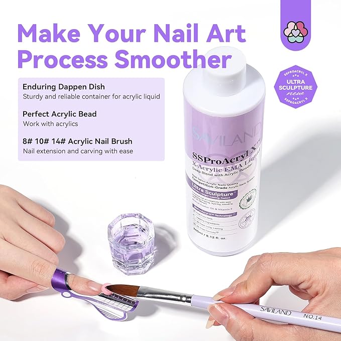 SAVILAND EMA Monomer Acrylic Nail Liquid: 8 oz Liquid Monomer for Acrylic Powder Nail Extension with 3pcs Acrylic Nail Brush Dappen Dish for Professional Nail Carving Studio Beginners DIY at Home