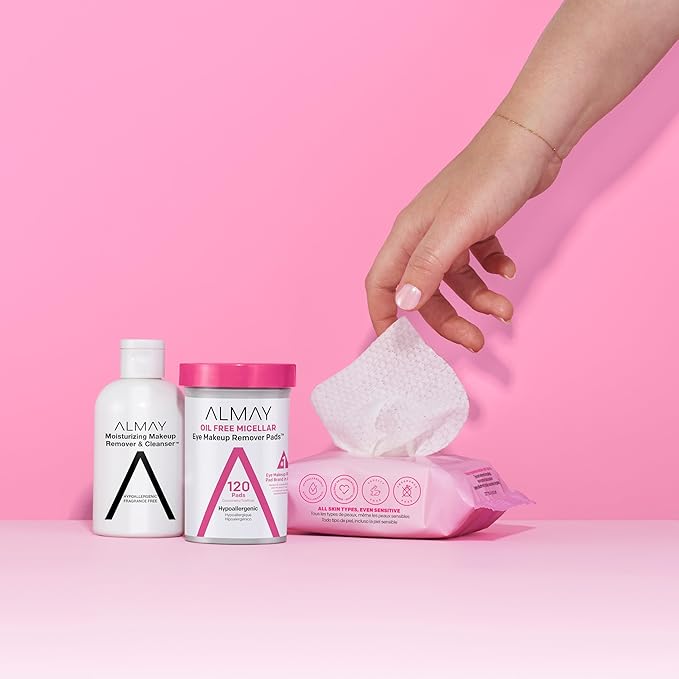 Almay Eye Makeup Remover Pads, Micellar Gentle, Hypoallergenic, Fragrance-Free, Ophthalmologist Tested, Stocking Stuffer for Women, 120 Count (Pack of 2)