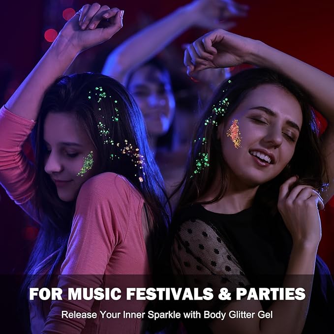 24 Colors Glitter UV Glow in The Dark Gel for Body Face Hair Eyeshadow,UV Black Light Makeup Glitter for Raves Festivals Carnival Party