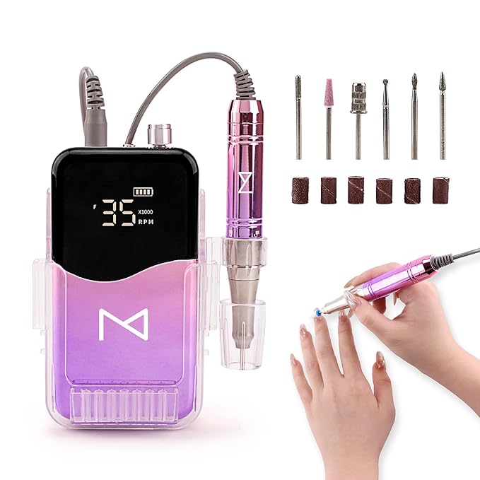 M Mase- Professional Nail Drill Machine - Coreless 2-in-1 Nail File - Electric, Cordless, 35000 RPM, HD Display - Electric Nail Drill for Professional & Home Use (Gold)