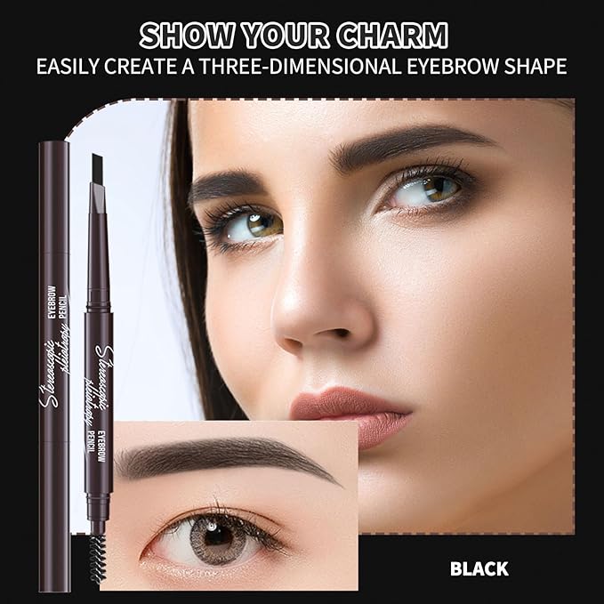 Berinist 12pcs Black Waterproof Eye Brow Pencils for Women, Retractable Dual-End Eyebrow Pencil with Brush, Triangular Tip Design, Easier to Define and Fill in Eyebrows for Natural Brow Shape