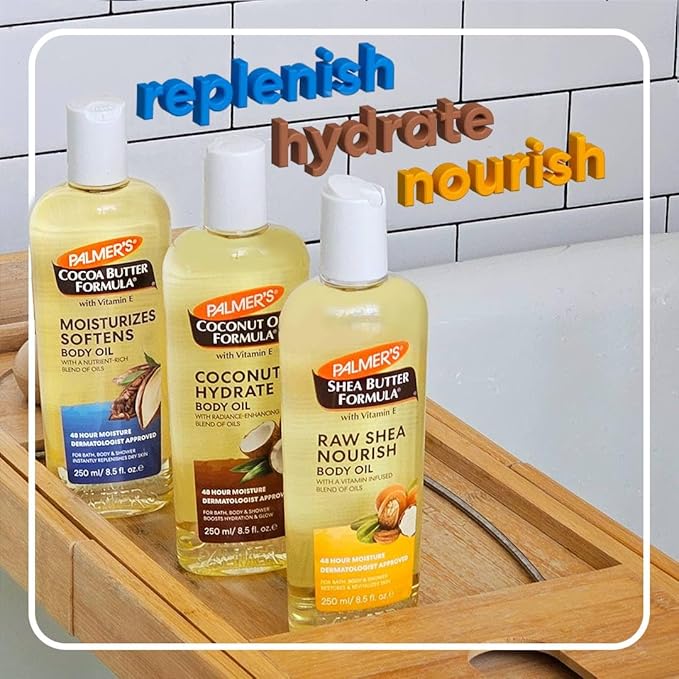 Palmer's Body Oil Variety Pack, Cocoa Butter, Coconut, and Shea, Dermatologist Approved, Instant Absorption, Bath, Body & Shower, 3 Pack (8.5 oz x 3)
